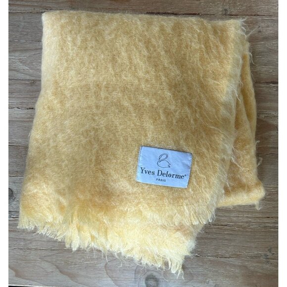 Yves Delorme France 100% Mohair Throw Blanket Fringe Golden Yellow 66”x64” - Picture 1 of 3
